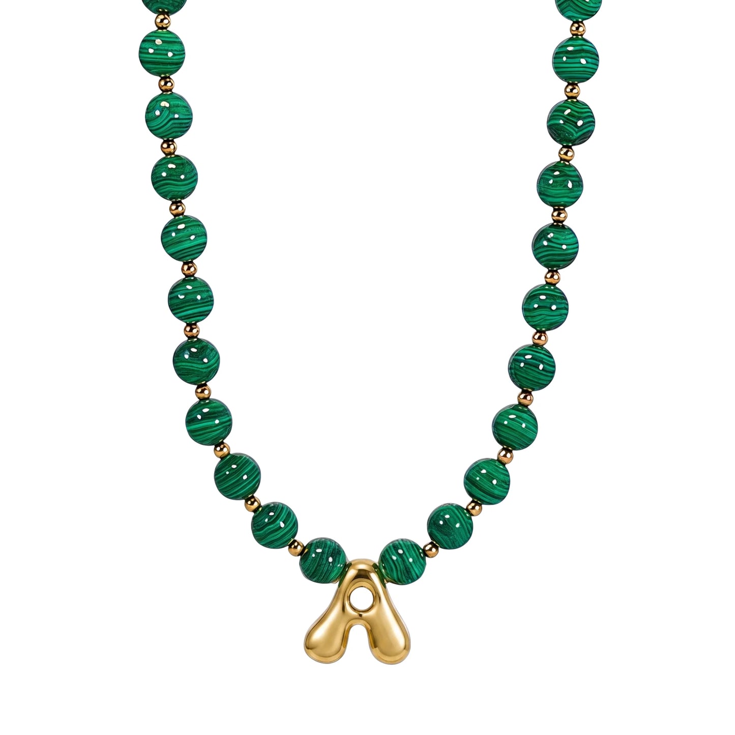 Malachite Gold Bubble Initial Necklace with polished green beads, gold spacers and a sculptural initial pendant.