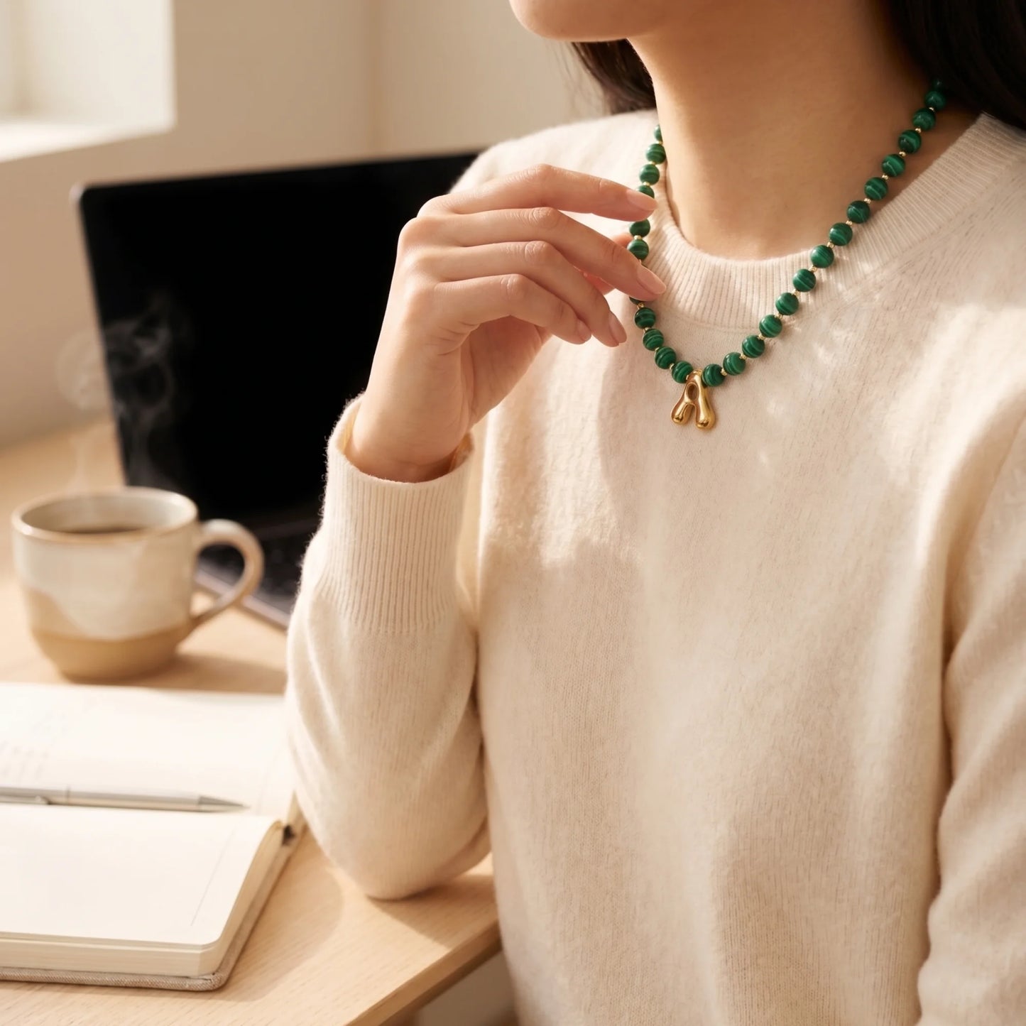 Malachite Gold Bubble Initial Necklace with polished green beads, gold spacers and a sculptural initial pendant.