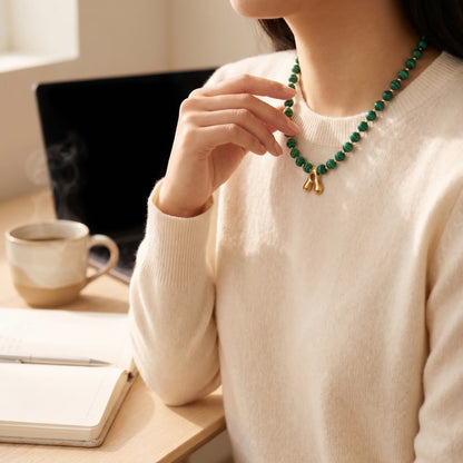 Malachite Gold Bubble Initial Necklace with polished green beads, gold spacers and a sculptural initial pendant.