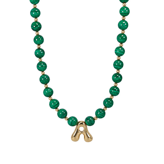 Malachite Gold Bubble Initial Necklace with polished green beads, gold spacers and a sculptural initial pendant.