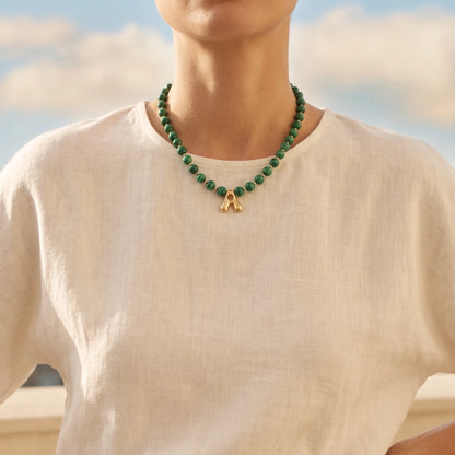 Malachite Gold Bubble Initial Necklace with polished green beads, gold spacers and a sculptural initial pendant.