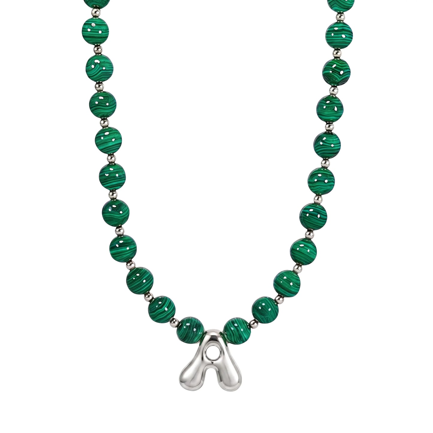 Malachite Gold Bubble Initial Necklace with polished green beads, gold spacers and a sculptural initial pendant.