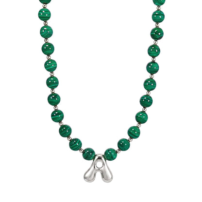 Malachite Gold Bubble Initial Necklace with polished green beads, gold spacers and a sculptural initial pendant.