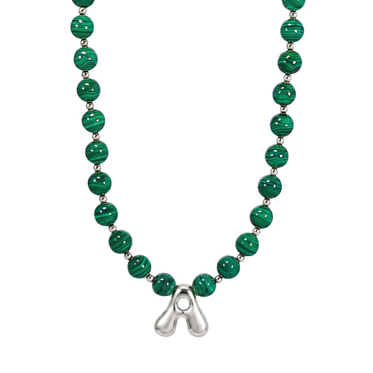 Malachite Gold Bubble Initial Necklace with polished green beads, gold spacers and a sculptural initial pendant.