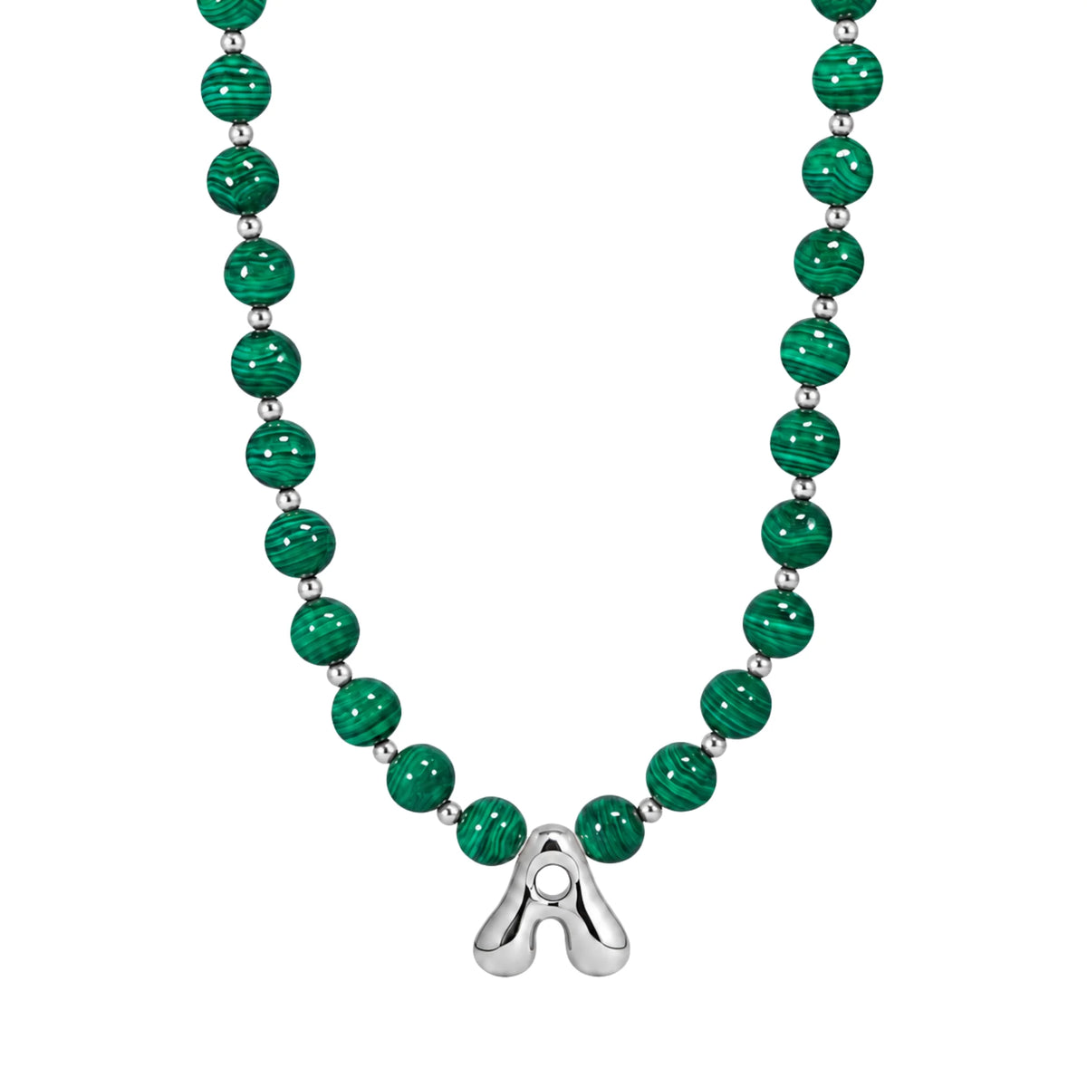 Malachite Gold Bubble Initial Necklace with polished green beads, silver spacers and a sculptural initial pendant.