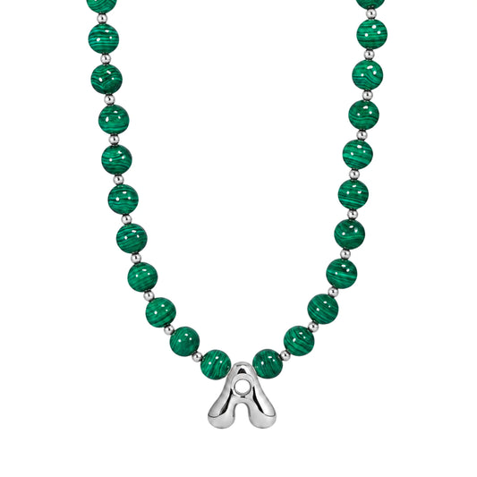 Malachite Gold Bubble Initial Necklace with polished green beads, silver spacers and a sculptural initial pendant.