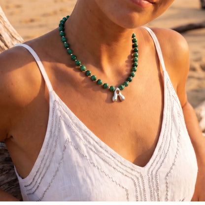 Malachite Gold Bubble Initial Necklace with polished green beads, gold spacers and a sculptural initial pendant.