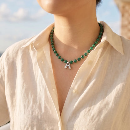 Malachite Gold Bubble Initial Necklace with polished green beads, gold spacers and a sculptural initial pendant.