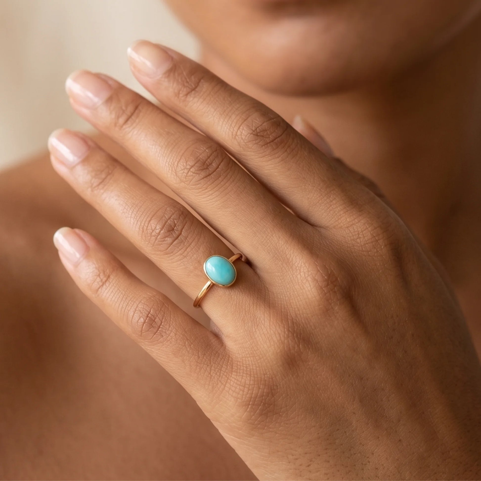  MXW natural oval amazonite March birthstone stacking ring in 14K gold-filled metal