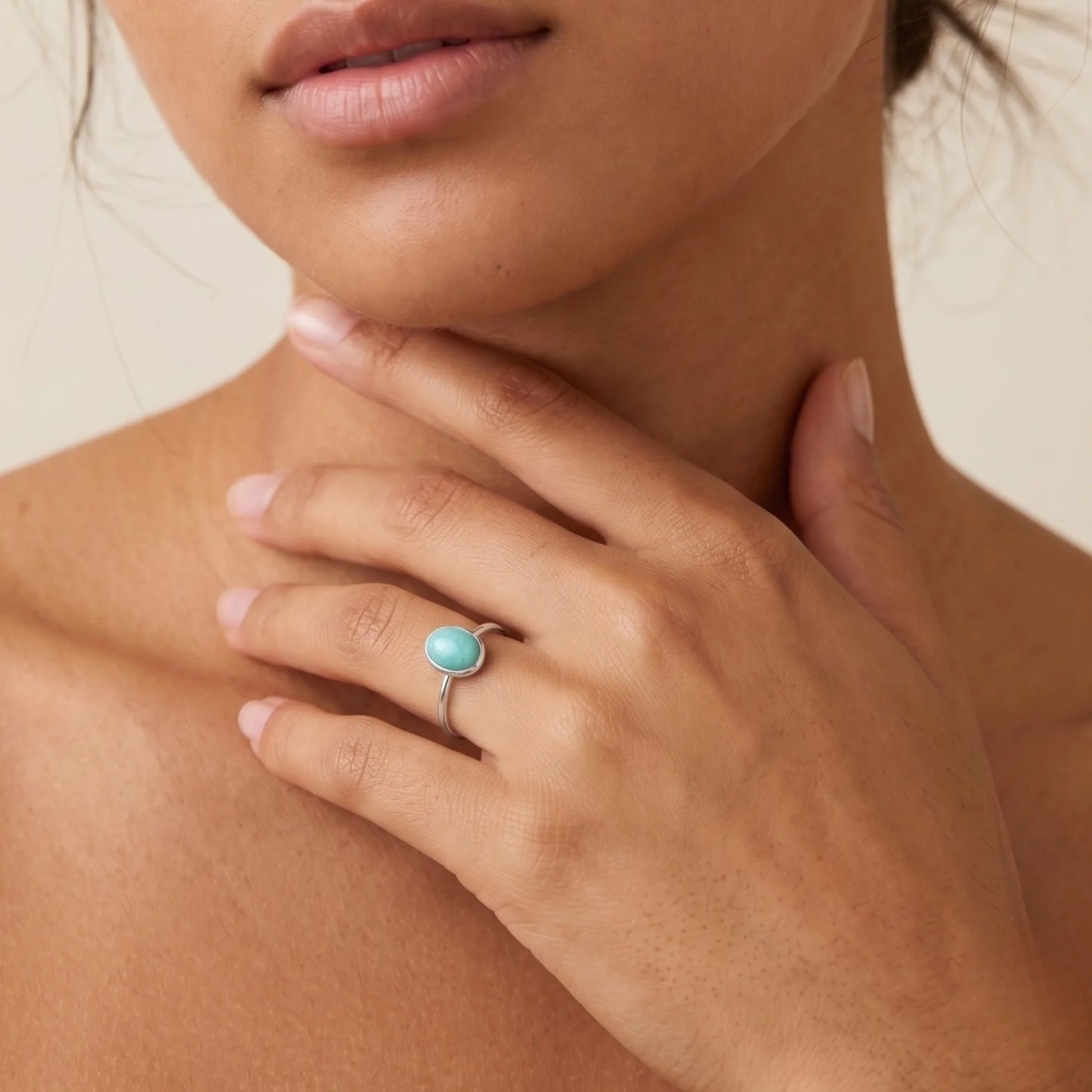 MXW natural oval amazonite March birthstone stacking ring in 925 sterling silver metal