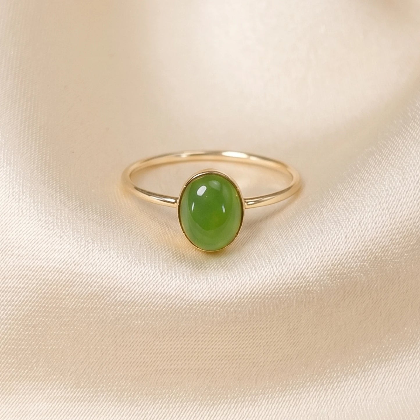 MXW natural oval nephrite jade May birthstone stacking ring in 14K gold-filled metal