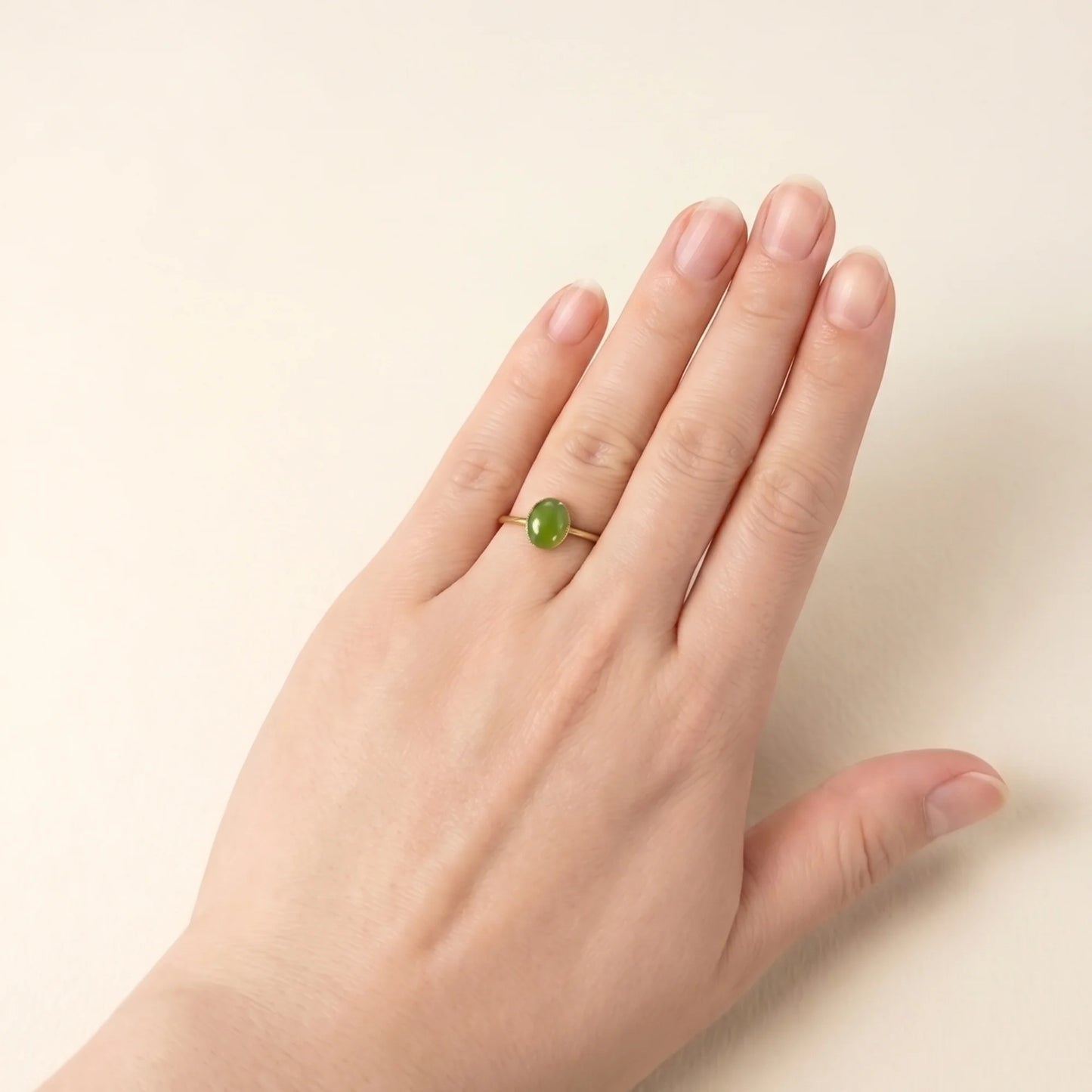 MXW natural oval nephrite jade May birthstone stacking ring in 14K gold-filled metal