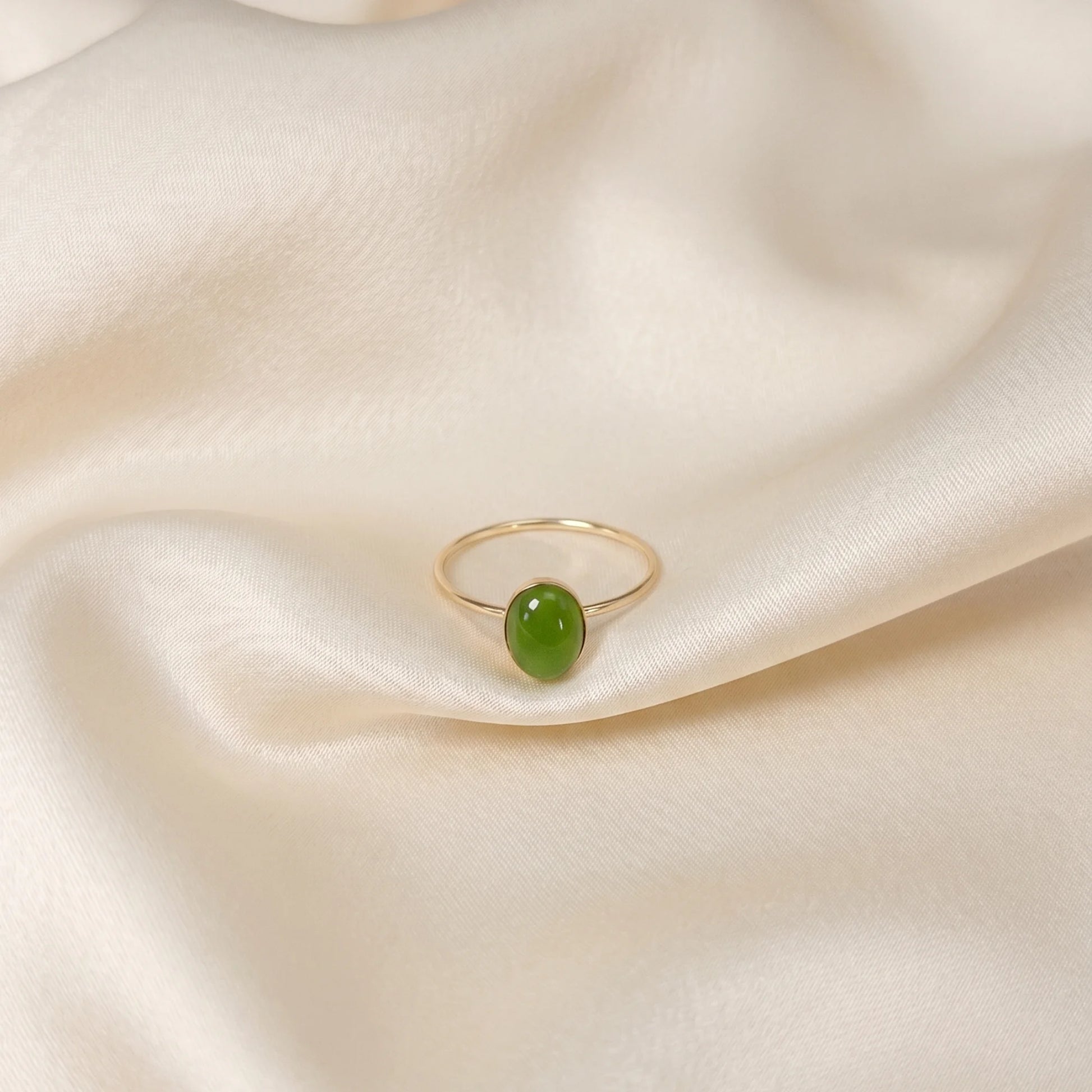 MXW natural oval nephrite jade May birthstone stacking ring in 14K gold-filled metal
