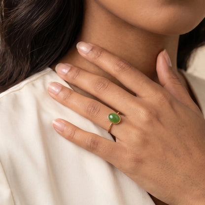 MXW natural oval nephrite jade May birthstone stacking ring in 14K gold-filled metal