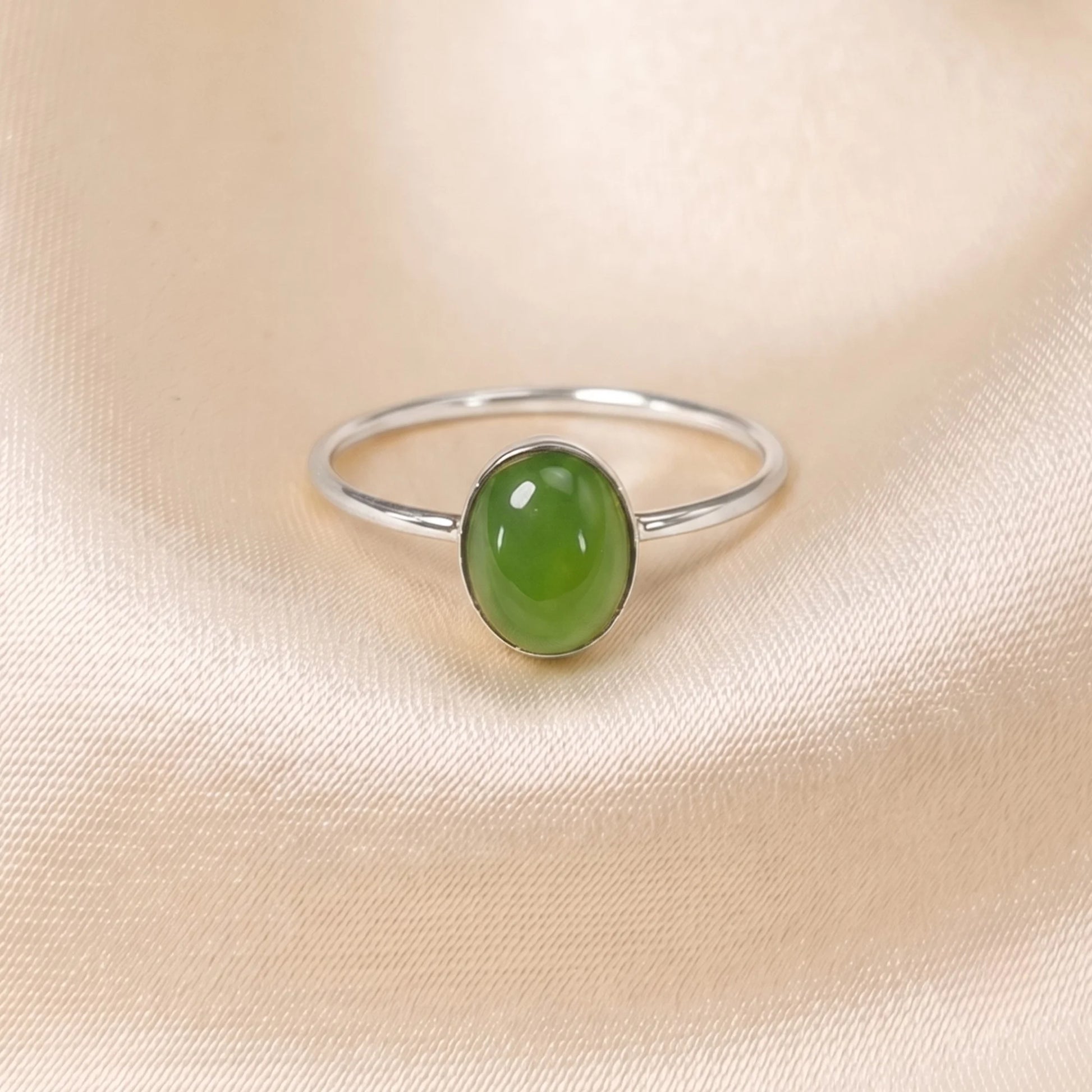 MXW natural oval nephrite jade May birthstone stacking ring in 925 sterling silver metal