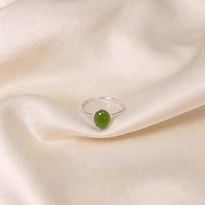 MXW natural oval nephrite jade May birthstone stacking ring in 925 sterling silver metal