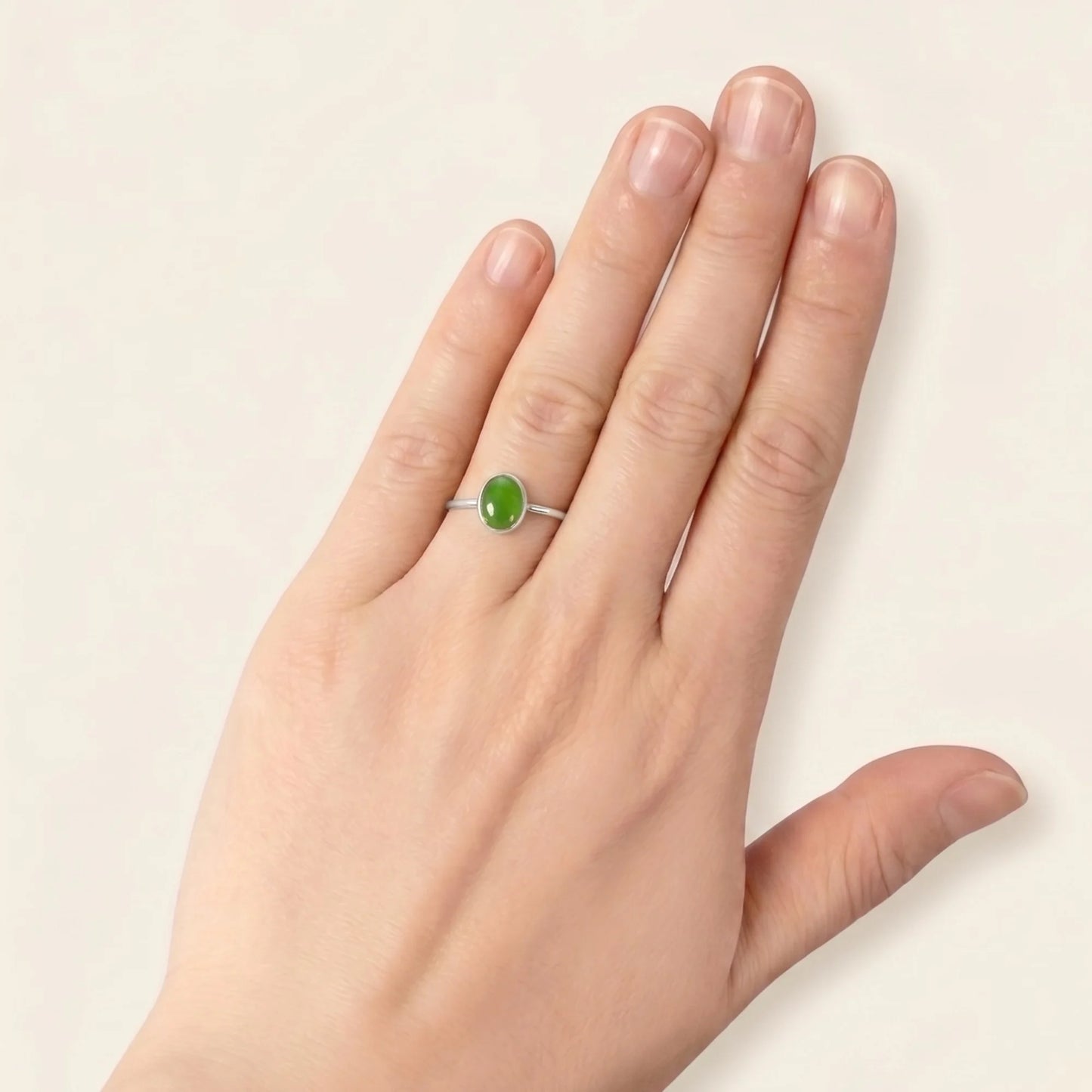 MXW natural oval nephrite jade May birthstone stacking ring in 925 sterling silver metal