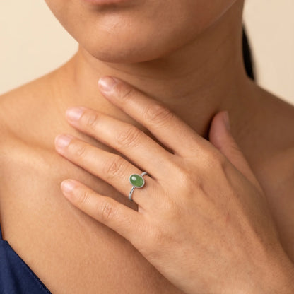 MXW natural oval nephrite jade May birthstone stacking ring in 925 sterling silver metal