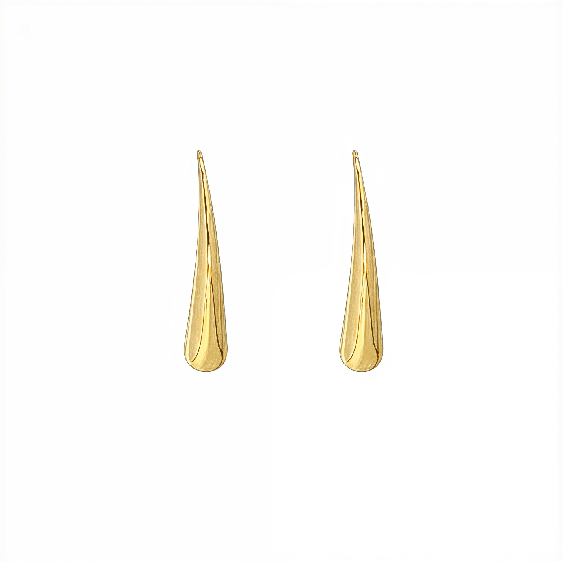 Pair of polished gold tapered raindrop earrings with elongated hook design on white background.