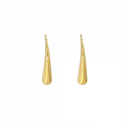 Pair of polished gold tapered raindrop earrings with elongated hook design on white background.