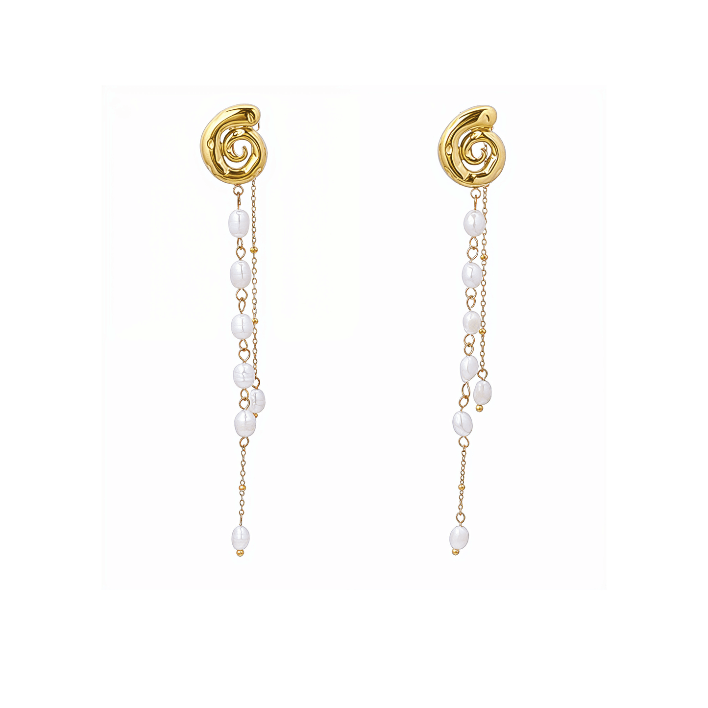 Gold molten pearl cascade earrings with freshwater pearl drop chains