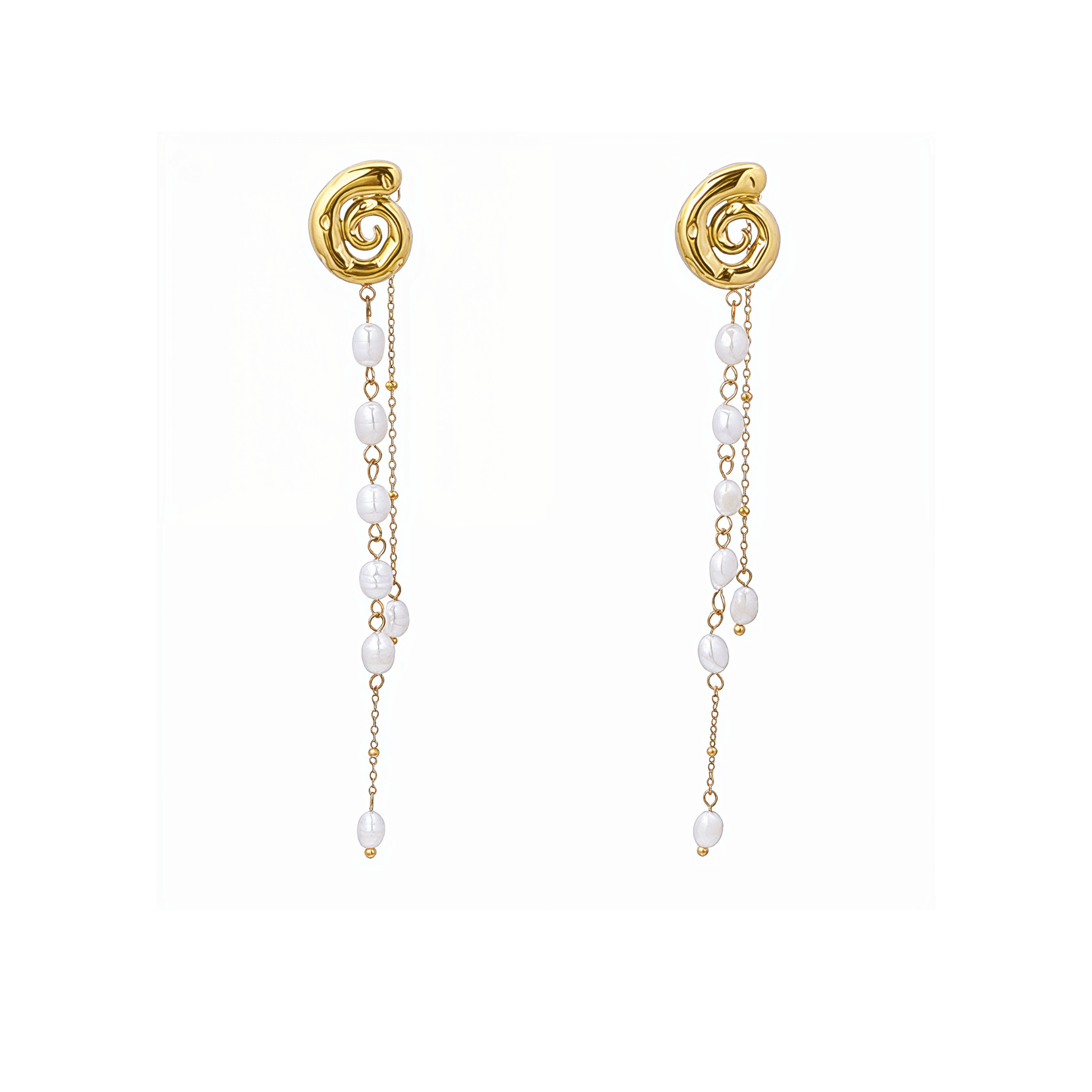 Gold molten pearl cascade earrings with freshwater pearl drop chains