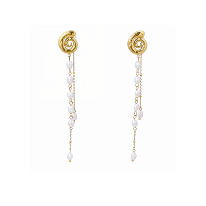Gold molten pearl cascade earrings with freshwater pearl drop chains