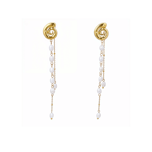 Gold molten pearl cascade earrings with freshwater pearl drop chains