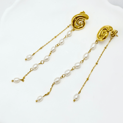 Gold molten pearl cascade earrings with freshwater pearl drop chains