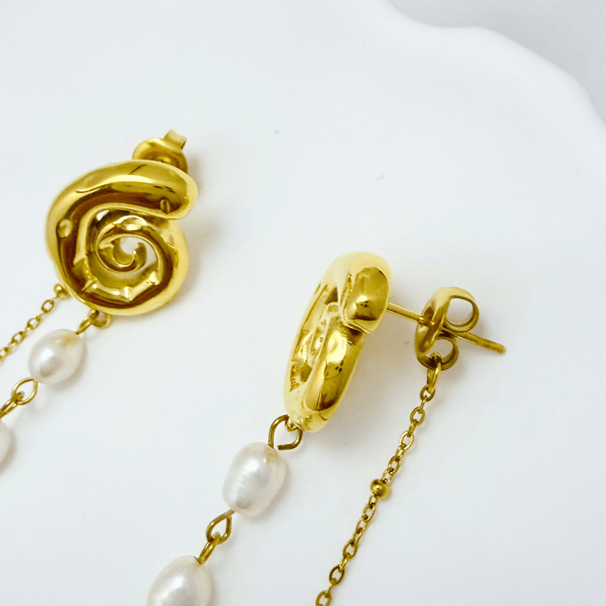 Gold molten pearl cascade earrings with freshwater pearl drop chains