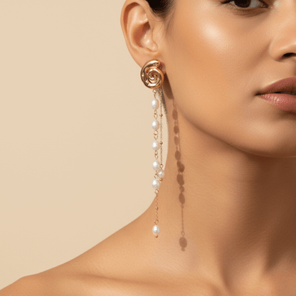 Gold molten pearl cascade earrings with freshwater pearl drop chains
