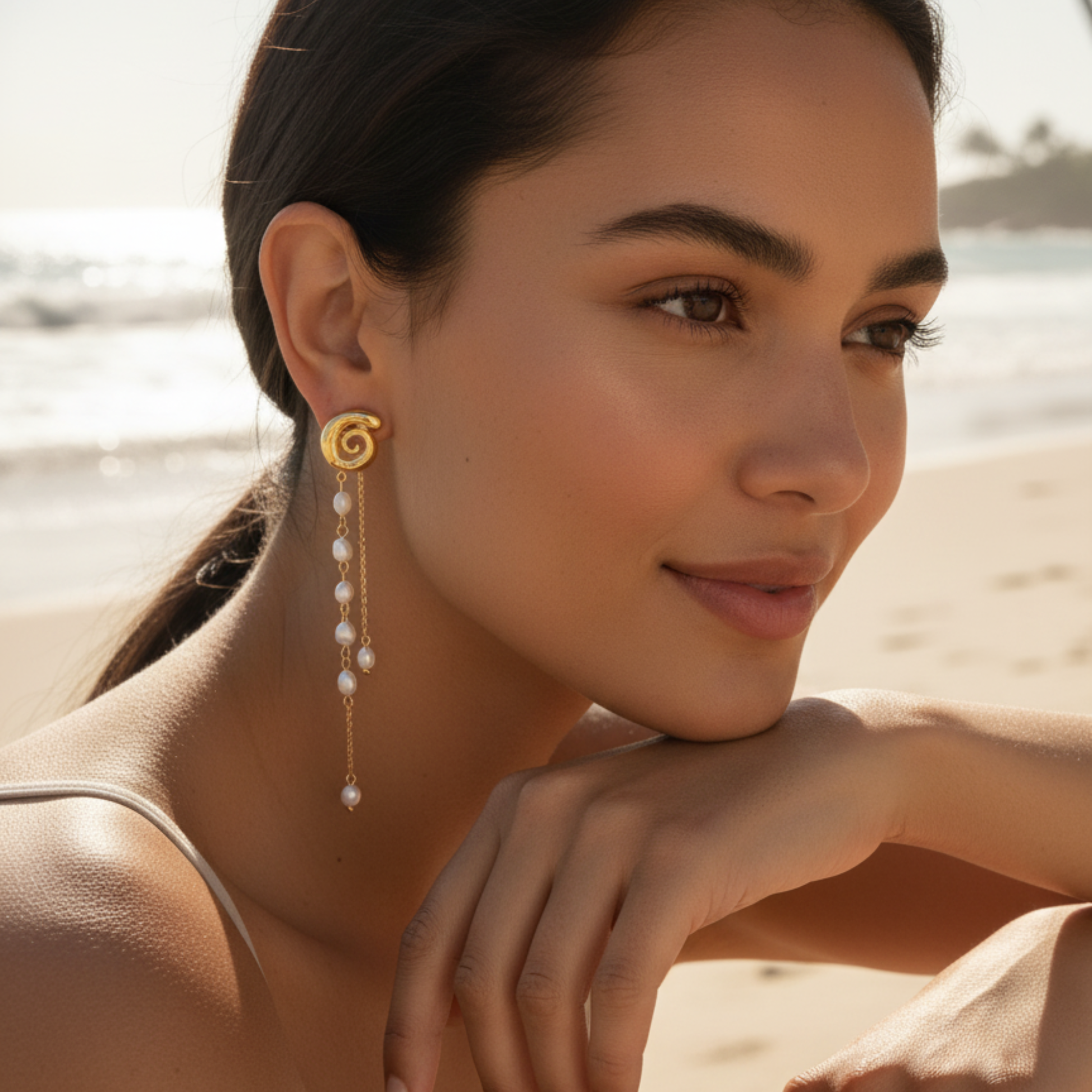 Gold molten pearl cascade earrings with freshwater pearl drop chains