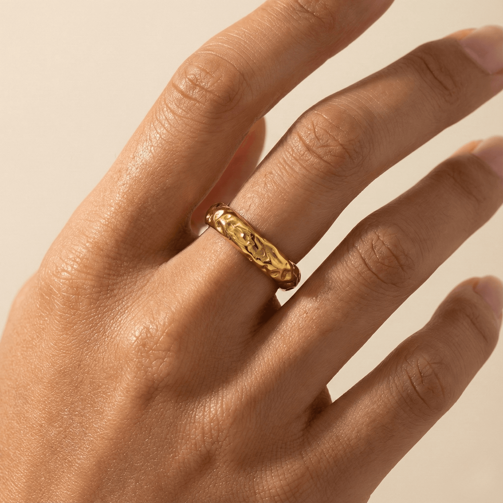 gold textured ring on white background – waterproof jewellery by MXW