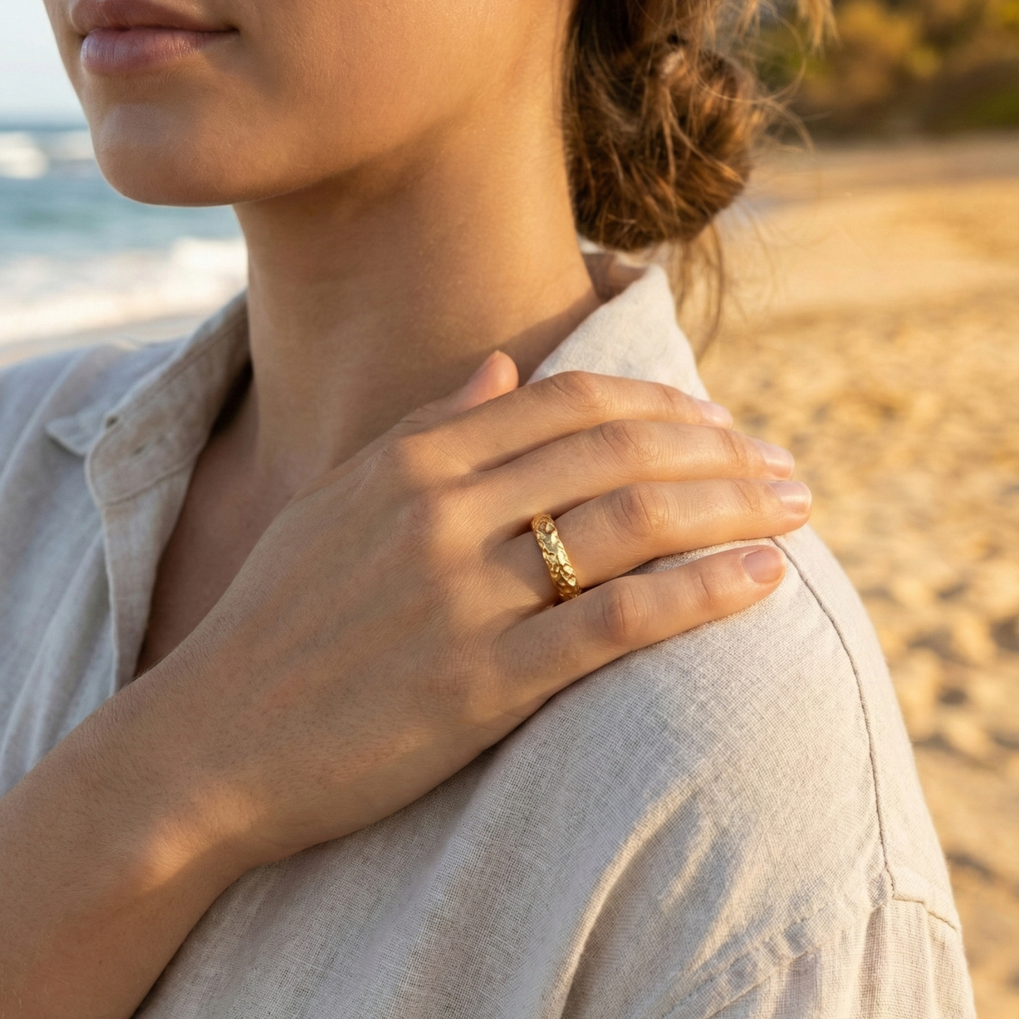 gold textured ring on white background – waterproof jewellery by MXW