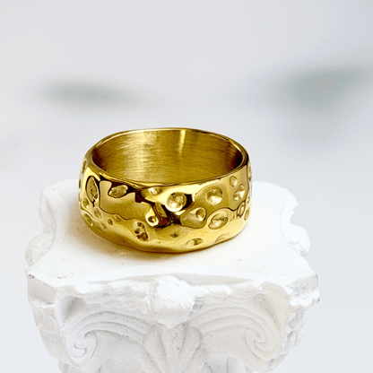 Molten Wave Gold Band – Wide in textured gold finish