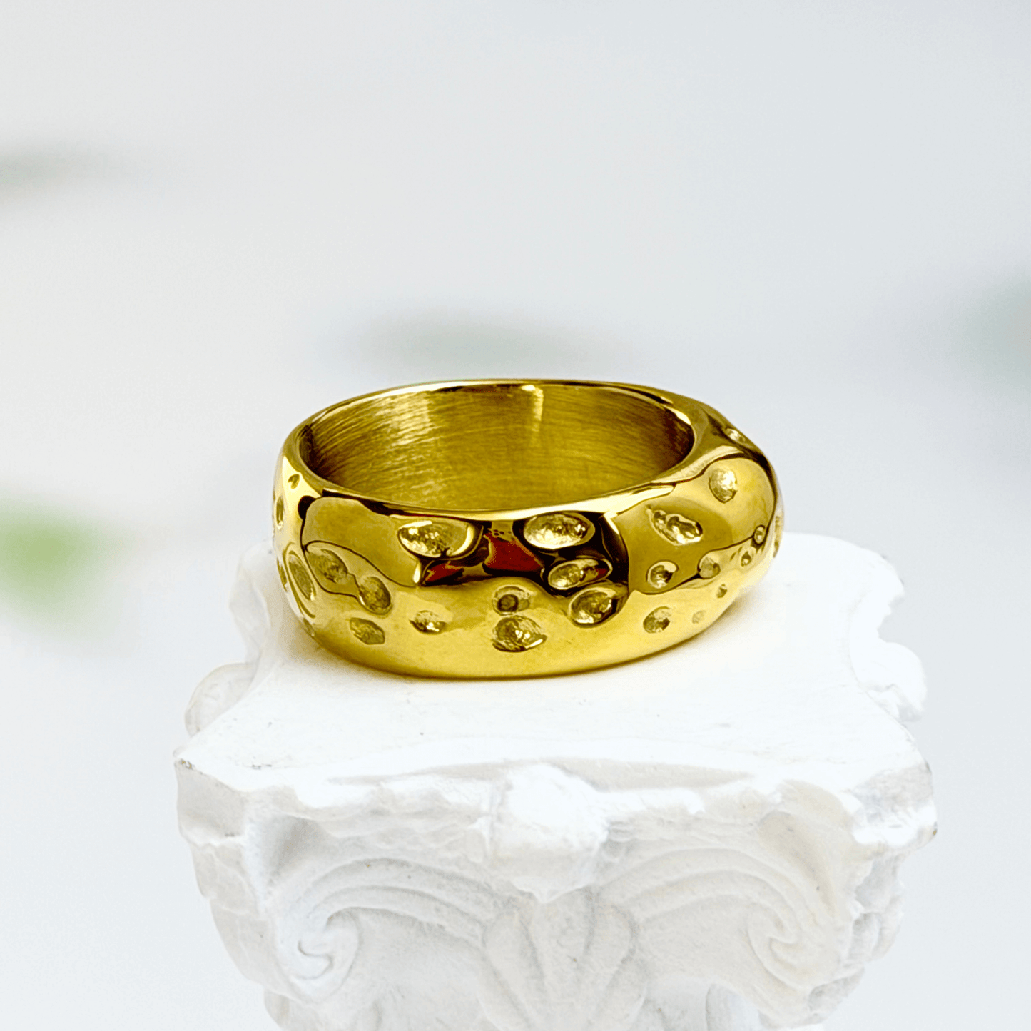 Molten Wave Gold Band – Wide in textured gold finish