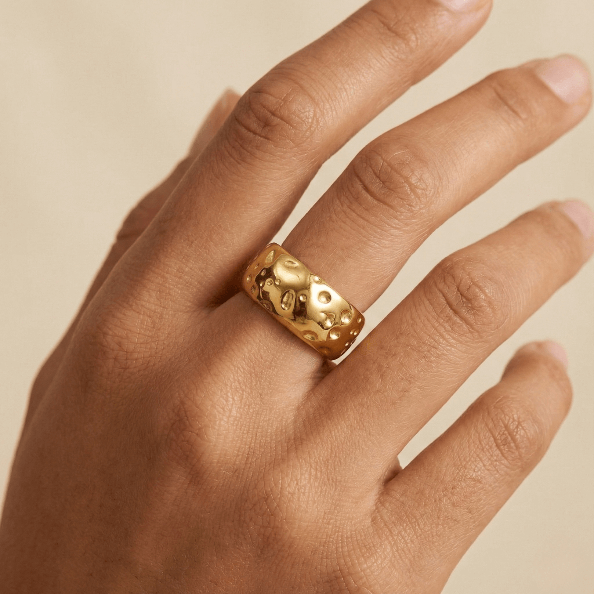 Molten Wave Gold Band – Wide in textured gold finish