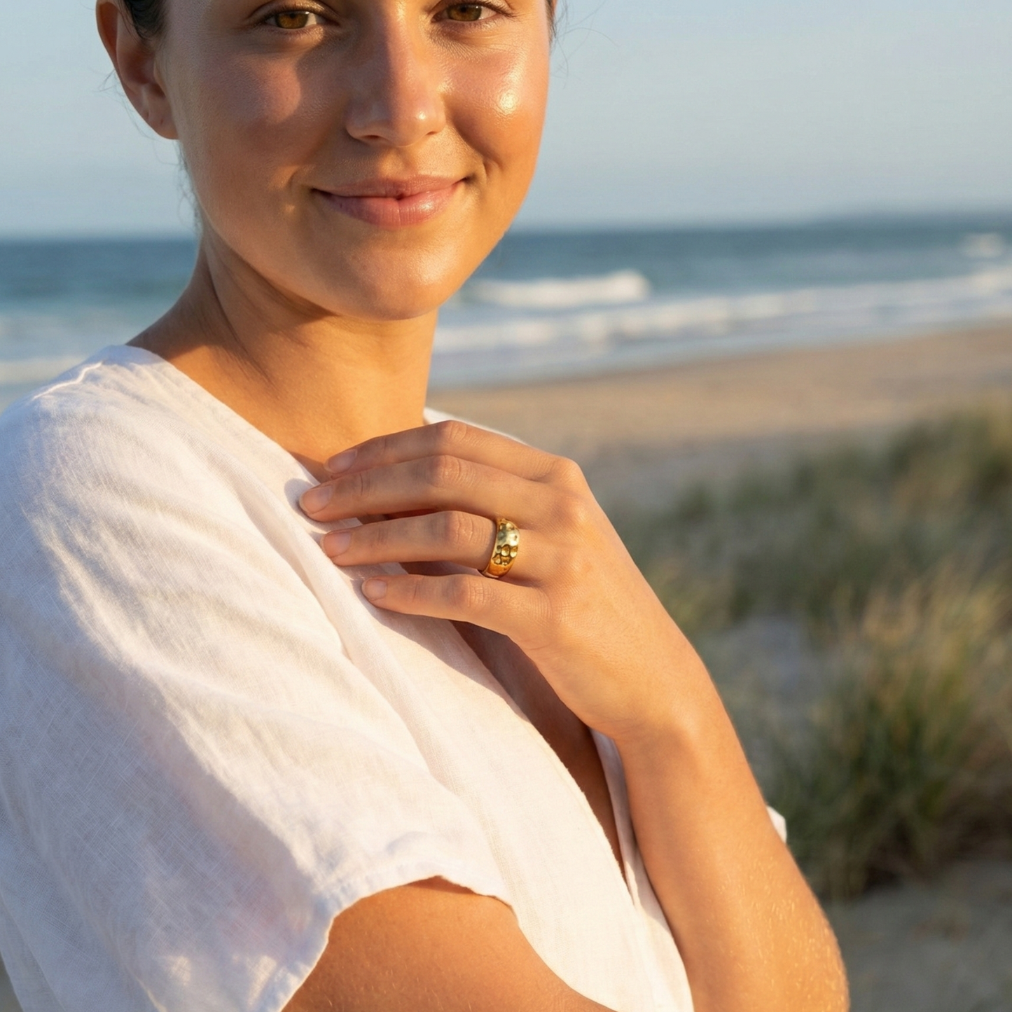 Molten Wave Gold Band – Wide in textured gold finish