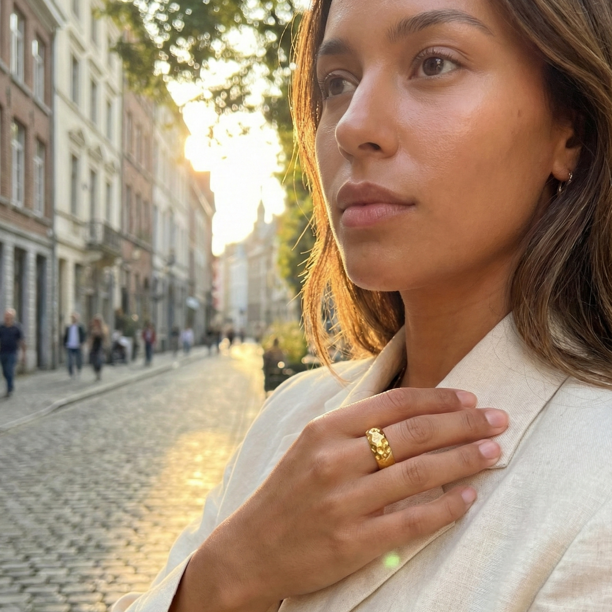 Molten Wave Gold Band – Wide in textured gold finish