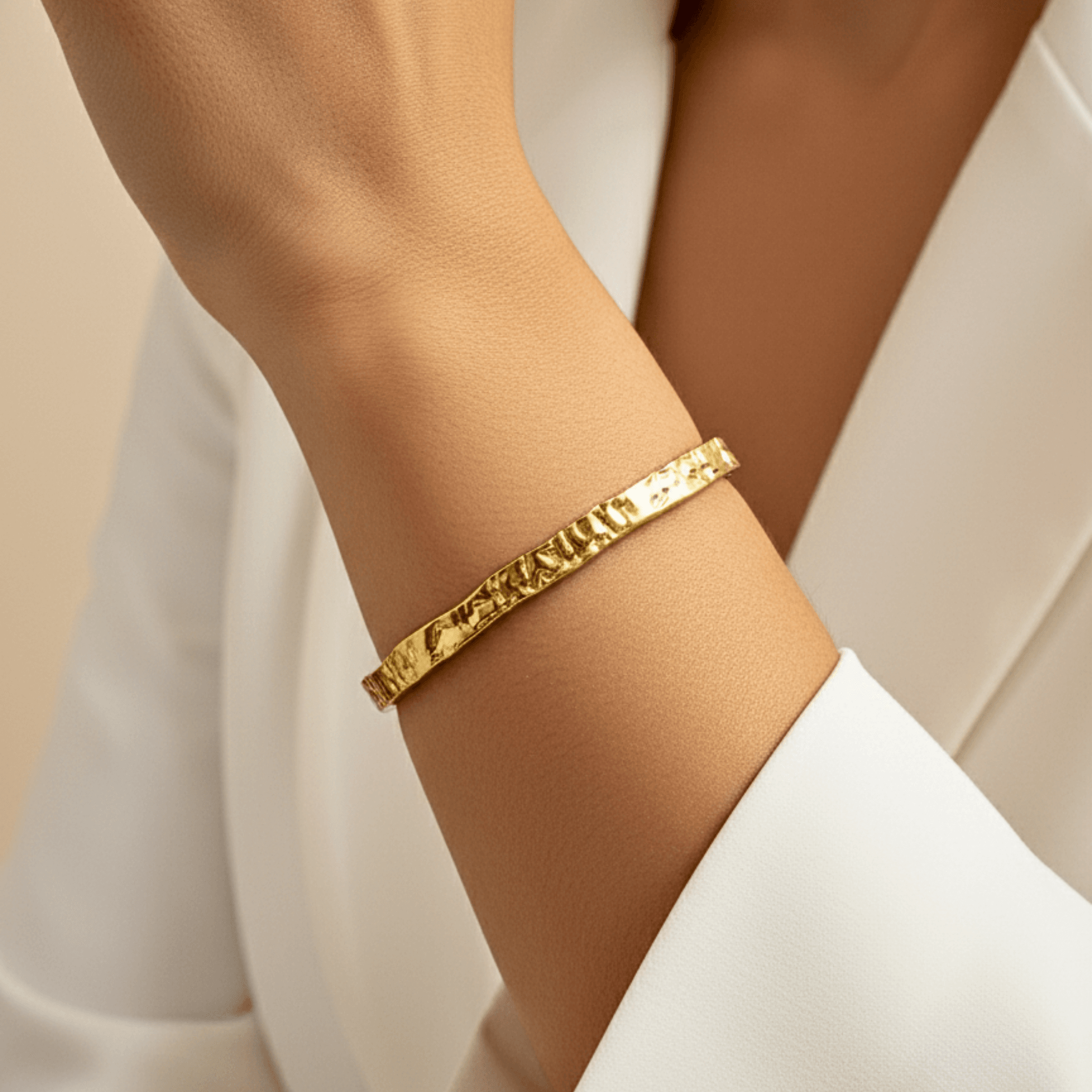 gold molten wave cuff bracelet with textured finish, adjustable and elegant design