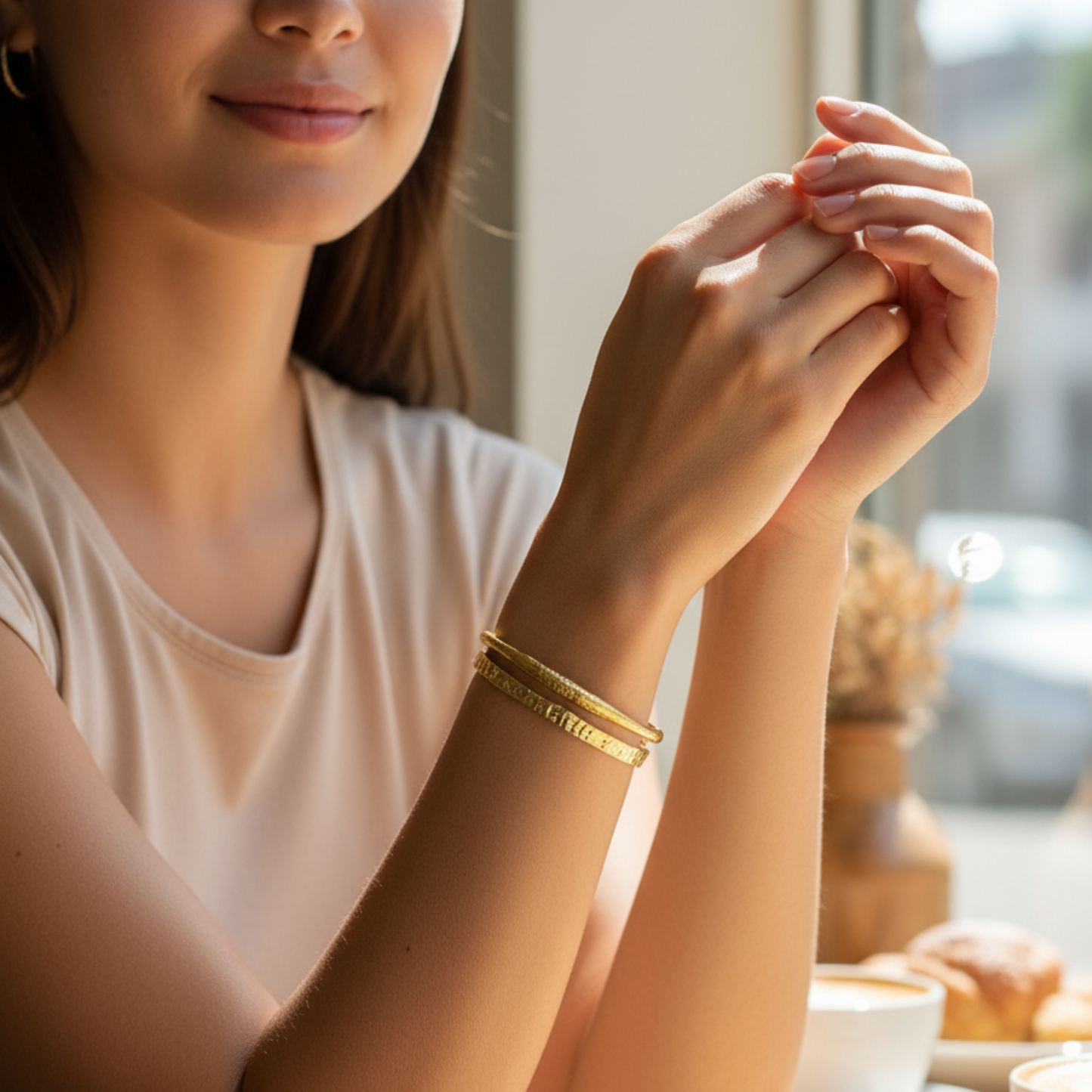 gold molten wave cuff bracelet with textured finish, adjustable and elegant design