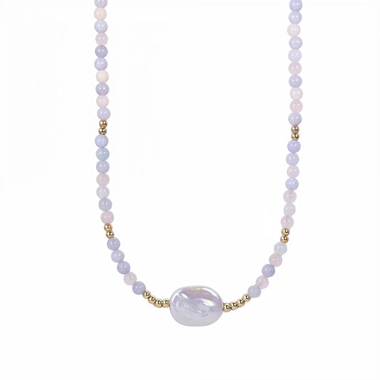 Natural morganite and 14K gold filled beaded necklace with premium freshwater baroque pearl centrepiece, hand-finished in Australia