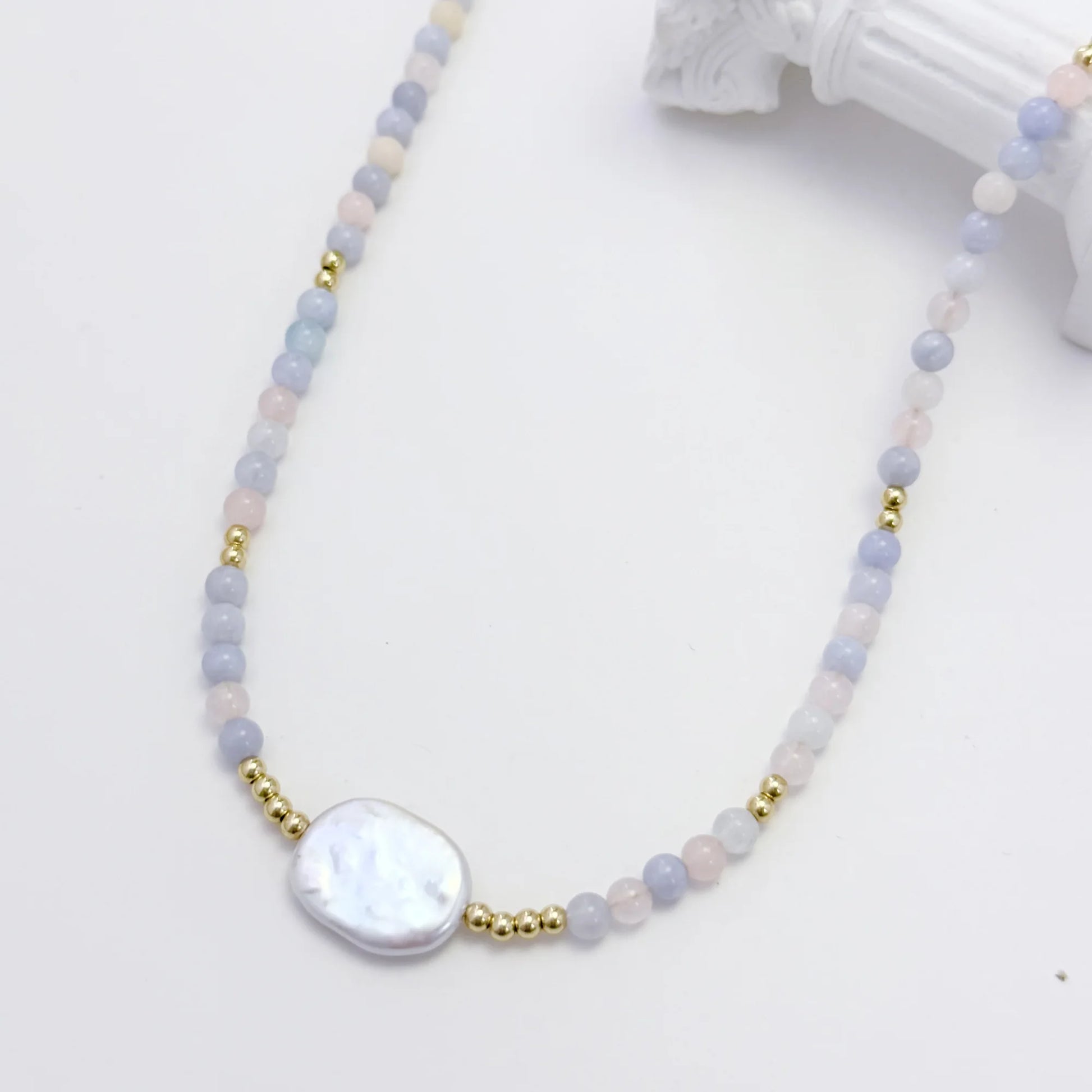 Natural morganite and 14K gold filled beaded necklace with premium freshwater baroque pearl centrepiece, hand-finished in Australia