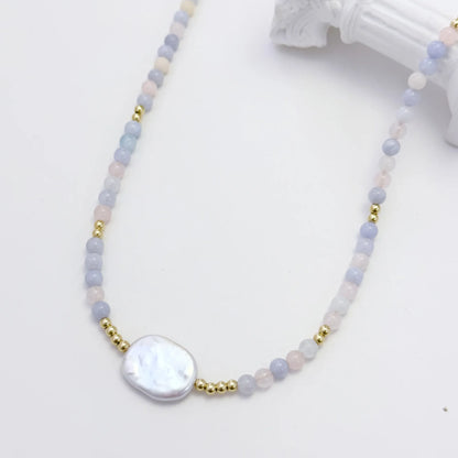 Natural morganite and 14K gold filled beaded necklace with premium freshwater baroque pearl centrepiece, hand-finished in Australia