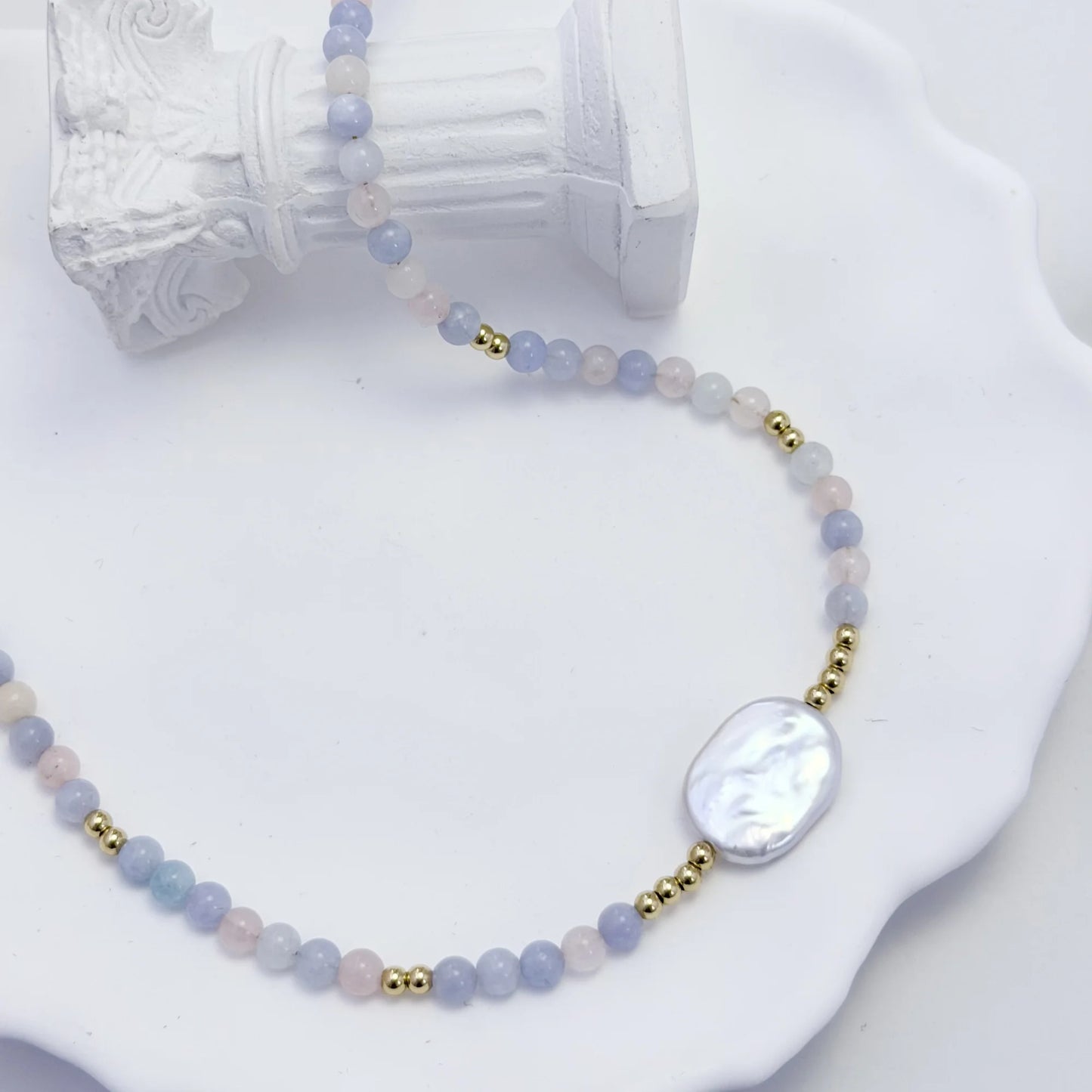 Natural morganite and 14K gold filled beaded necklace with premium freshwater baroque pearl centrepiece, hand-finished in Australia