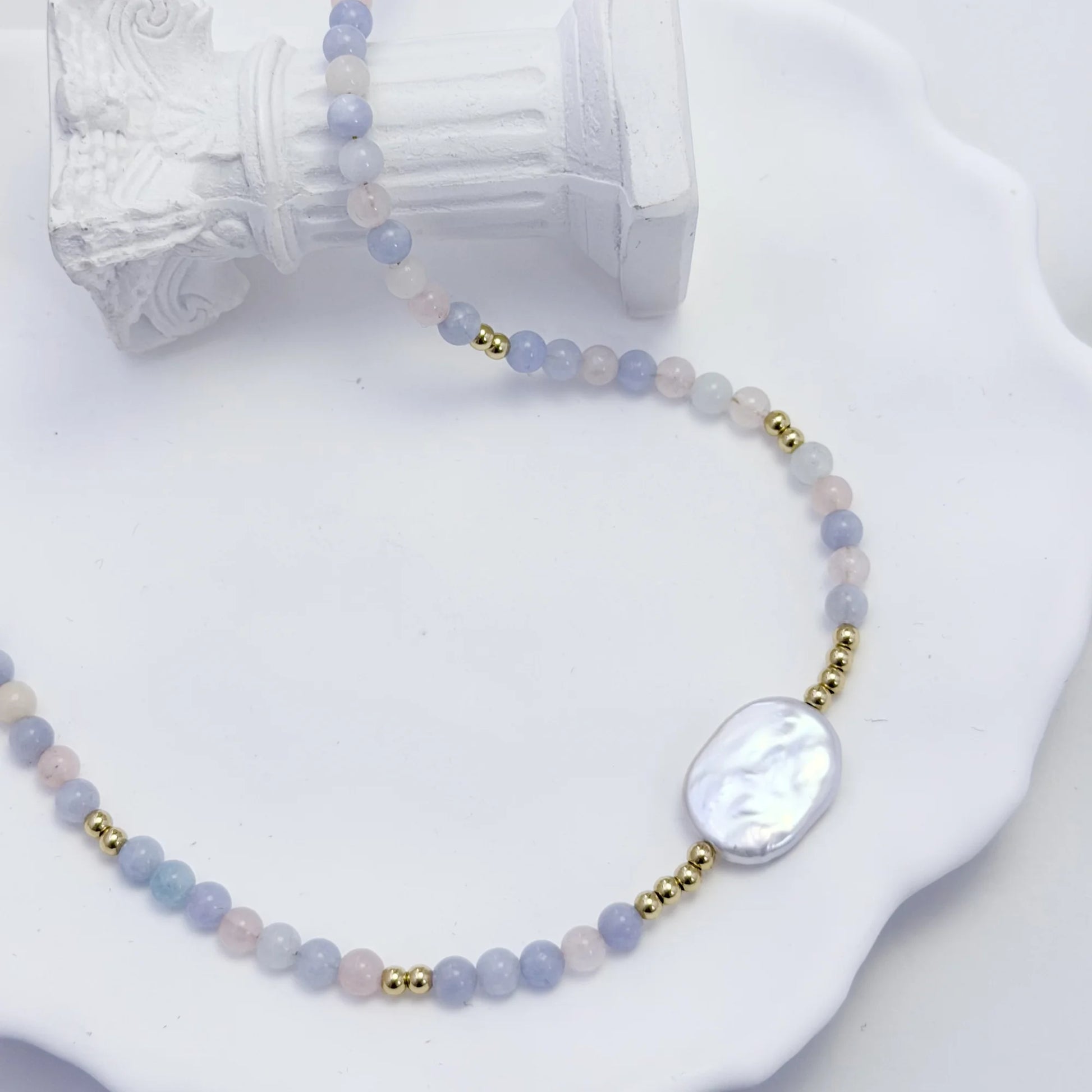 Natural morganite and 14K gold filled beaded necklace with premium freshwater baroque pearl centrepiece, hand-finished in Australia