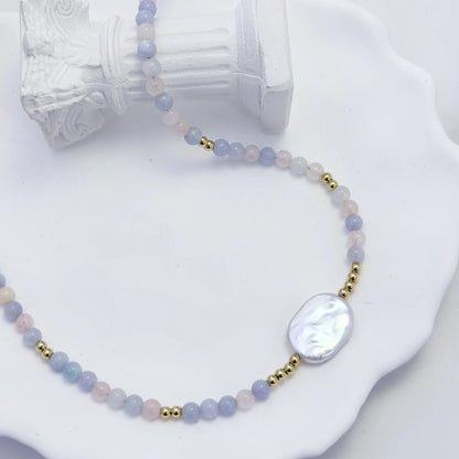 Natural morganite and 14K gold filled beaded necklace with premium freshwater baroque pearl centrepiece, hand-finished in Australia