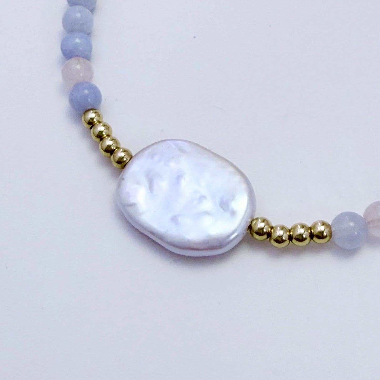 Natural morganite and 14K gold filled beaded necklace with premium freshwater baroque pearl centrepiece, hand-finished in Australia