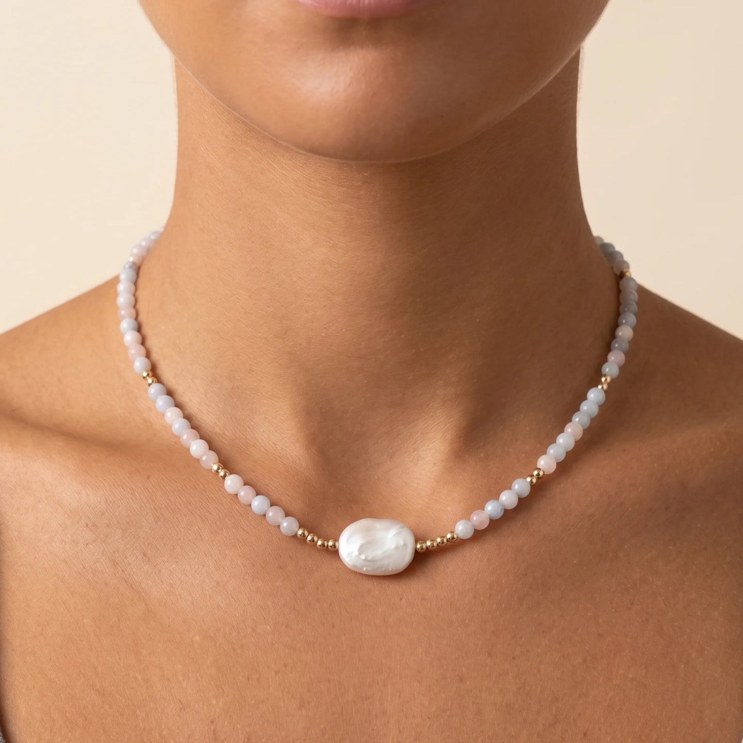 Natural morganite and 14K gold filled beaded necklace with premium freshwater baroque pearl centrepiece, hand-finished in Australia
