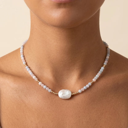 Natural morganite and 14K gold filled beaded necklace with premium freshwater baroque pearl centrepiece, hand-finished in Australia